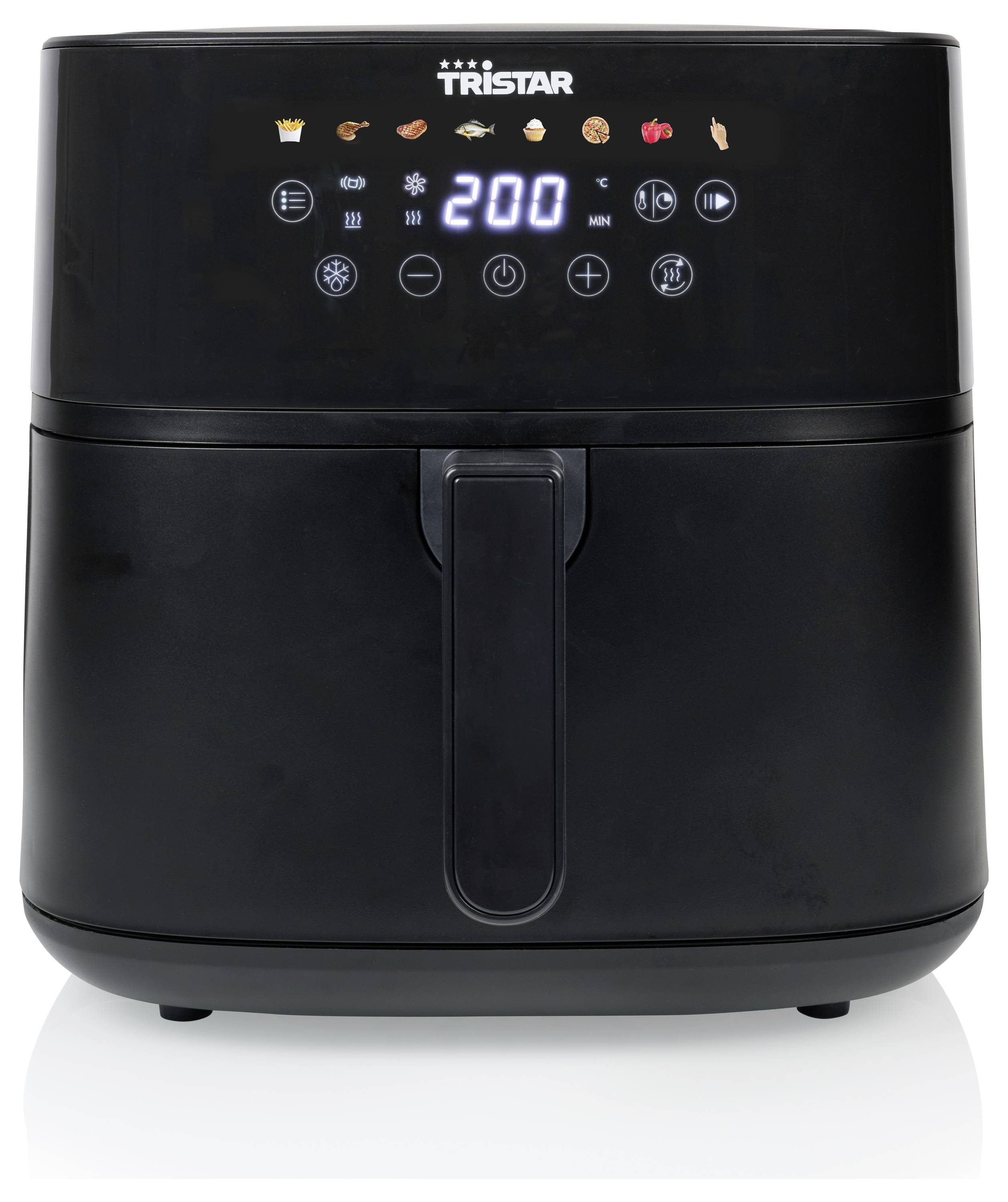 Friggitrice ad aria calda nera con display digitale, temperatura impostata a 200°C, diversi simboli di modalità di cottura in alto, marchio 'Tristar'.