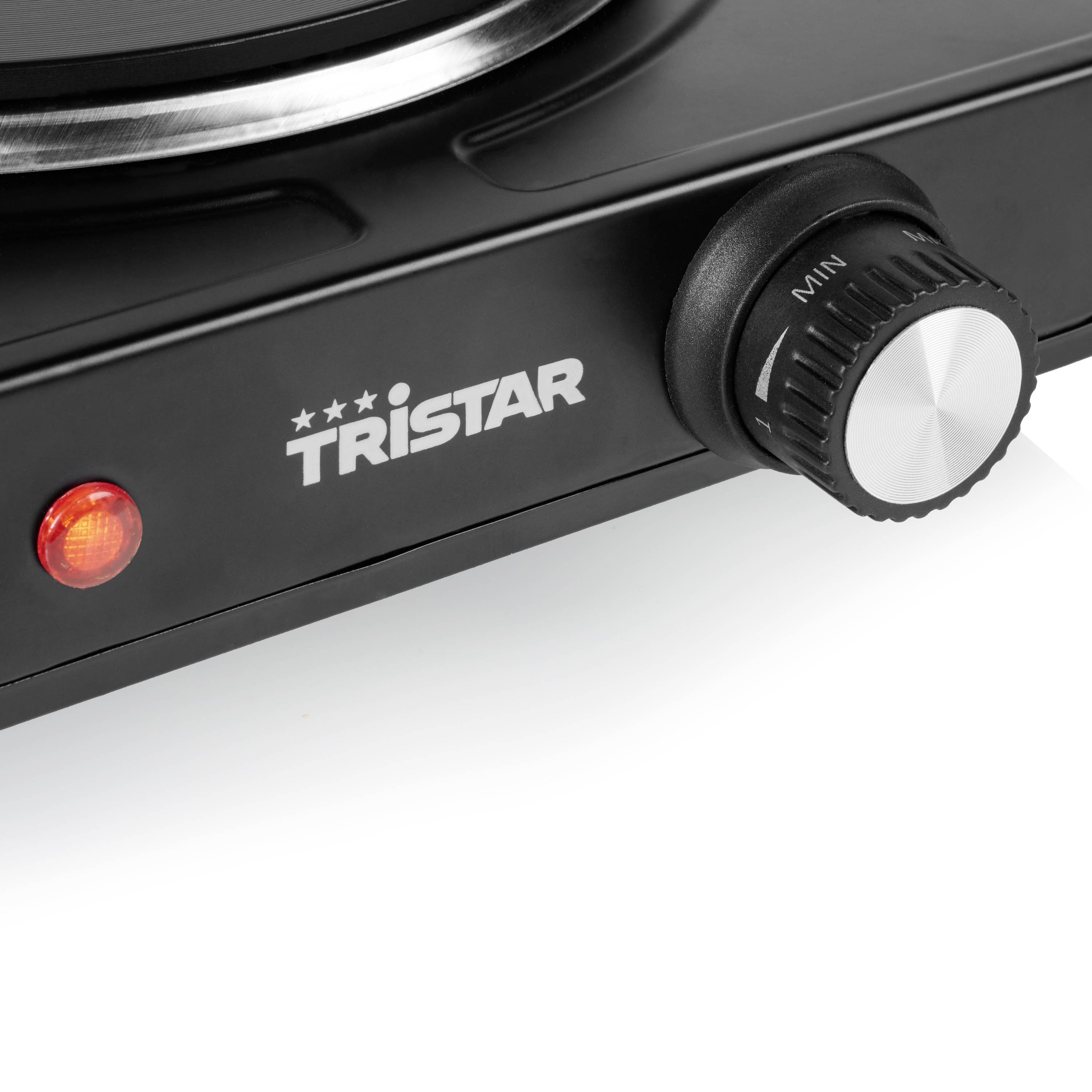 Un piano cottura elettrico con nome del marchio scritto e manopola per la regolazione della temperatura. Una luce rossa indica l'alimentazione elettrica.