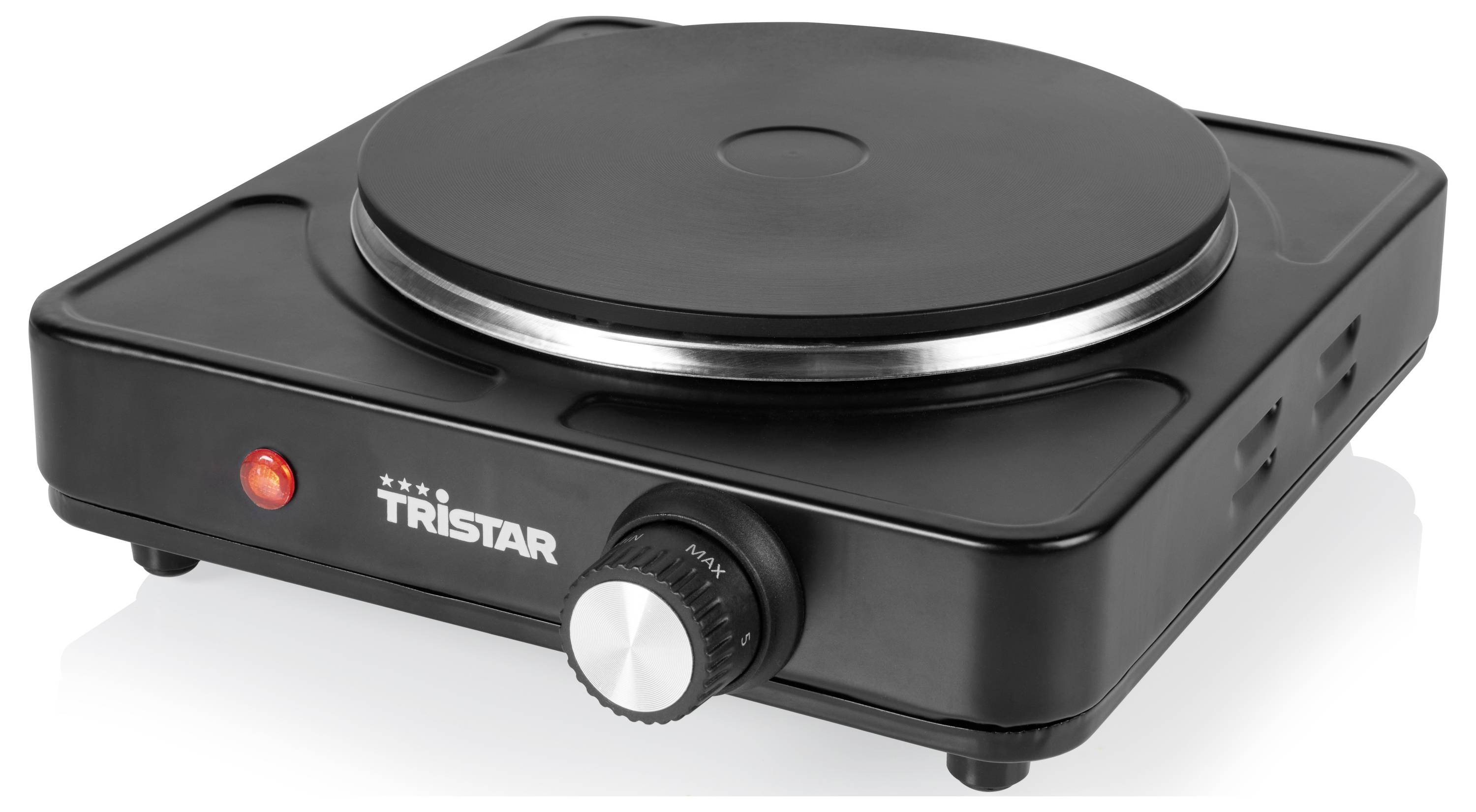 Piastra elettrica nera con un piano cottura rotondo e una manopola per la regolazione della temperatura, con spia di funzionamento rossa.