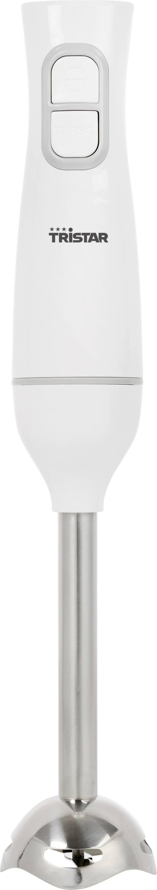 Un frullatore a immersione bianco con due pulsanti e una lama in metallo, ideale per frullare gli ingredienti in cucina.