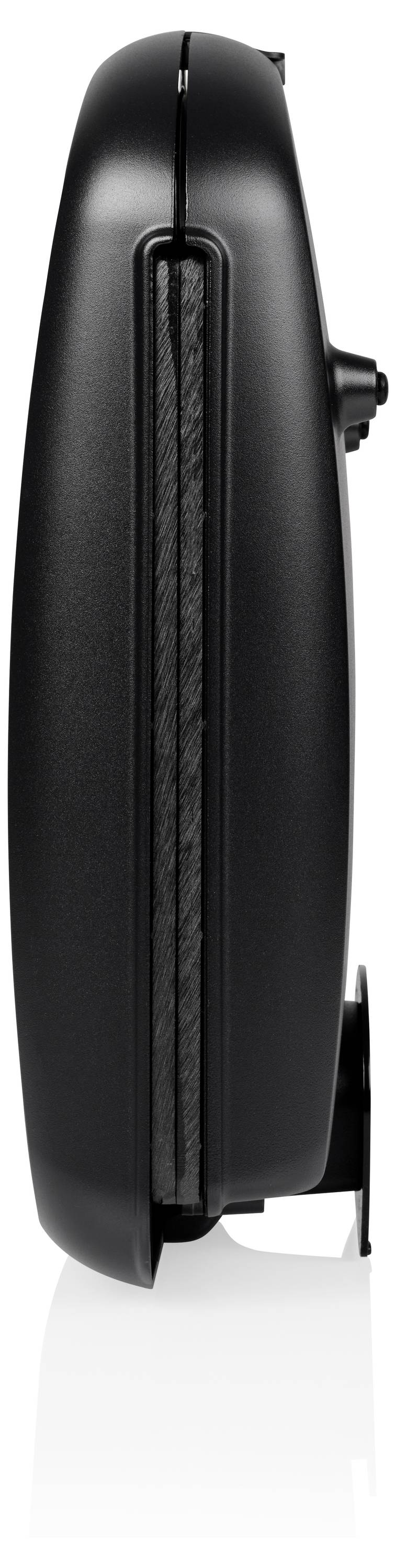 Ferro per waffle nero, chiuso, ripreso di lato su sfondo bianco. Il design compatto e snello è chiaramente visibile.