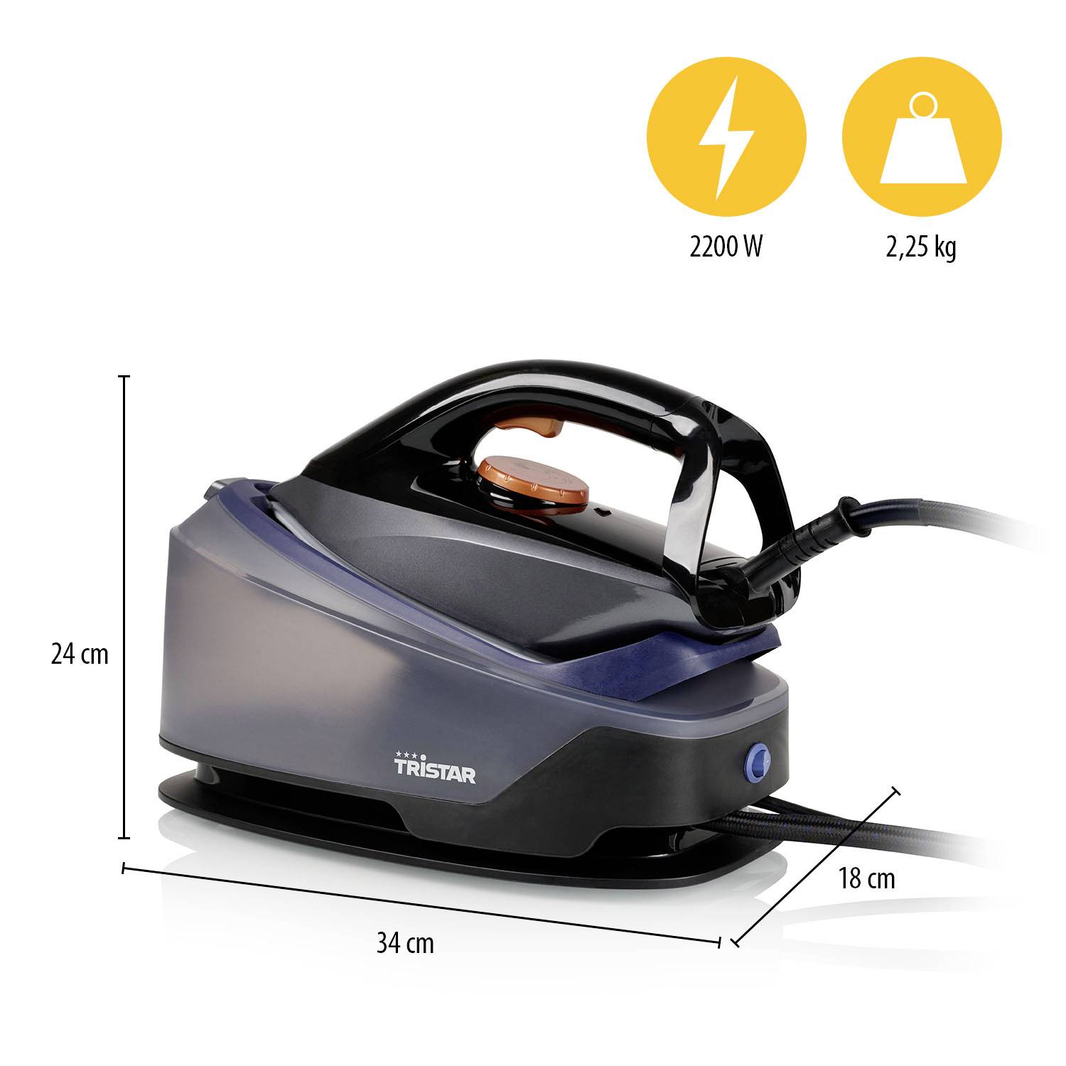 Stazione a vapore con dimensioni 34x18x24 cm, potenza 2200 W e peso 2,25 kg. Involucro nero con dettagli arancioni.
