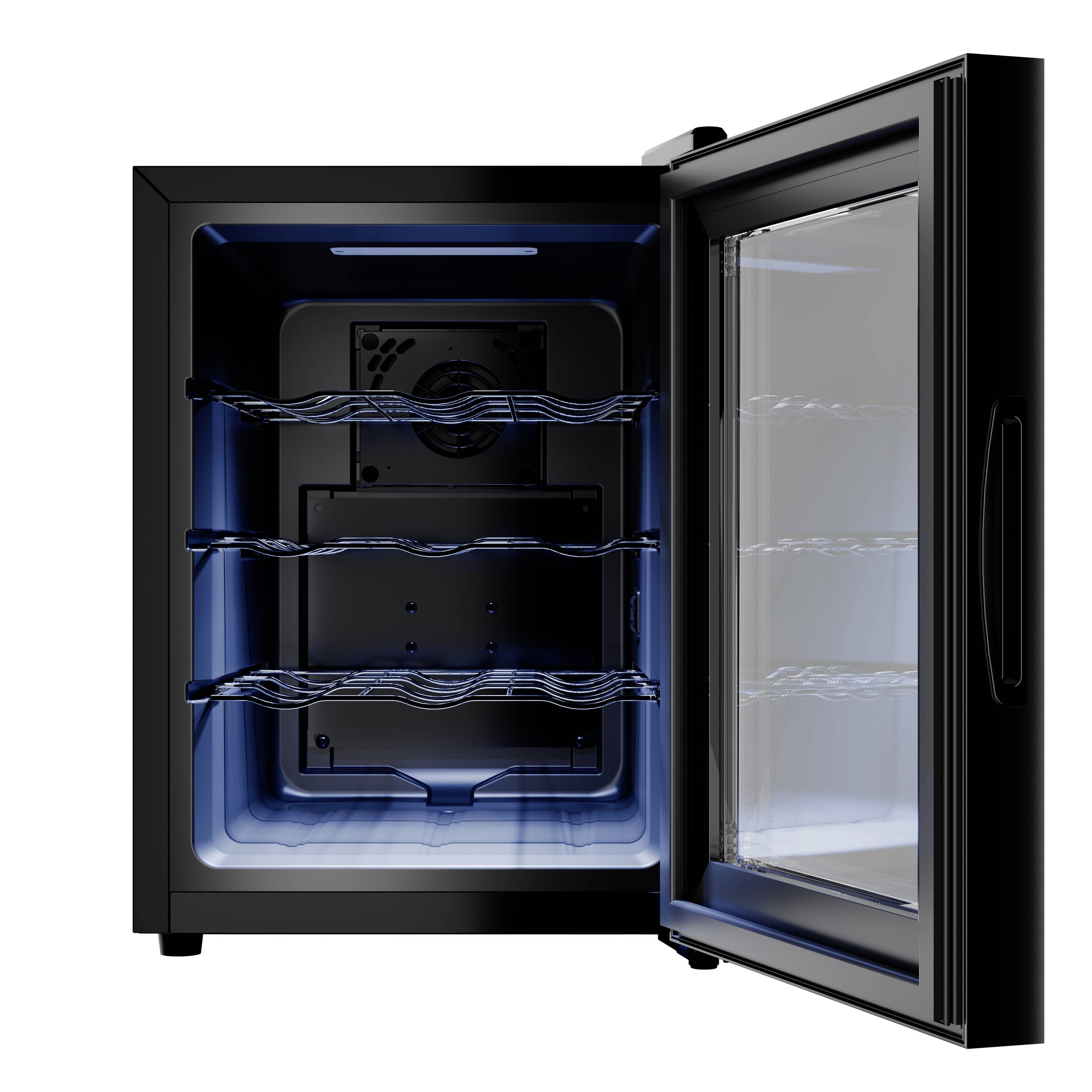 Un frigorifero per bevande nero aperto con tre ripiani in metallo e illuminazione interna blu. La porta è in vetro trasparente.