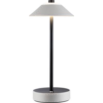Lampada da terra con palo nero, base rotonda e paralume color crema con bordo largo.