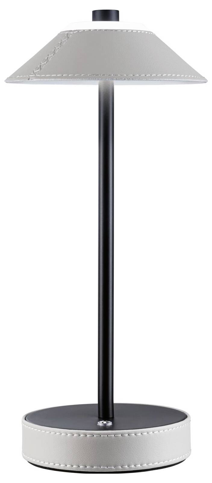 Lampada da terra con piedistallo nero e paralume grigio chiaro, impreziosita da cuciture sottili; design moderno e minimalista.