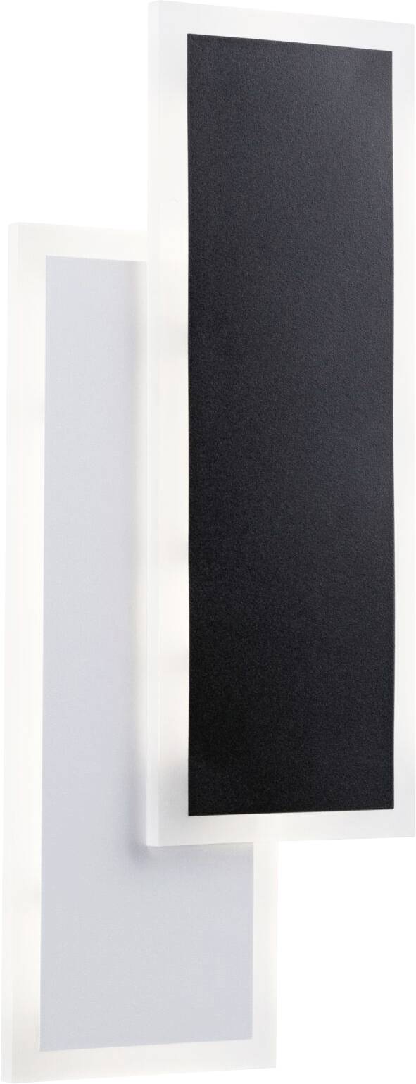 Una moderna lampada da parete con due pannelli rettangolari sfalsati in nero e bianco che si sovrappongono.