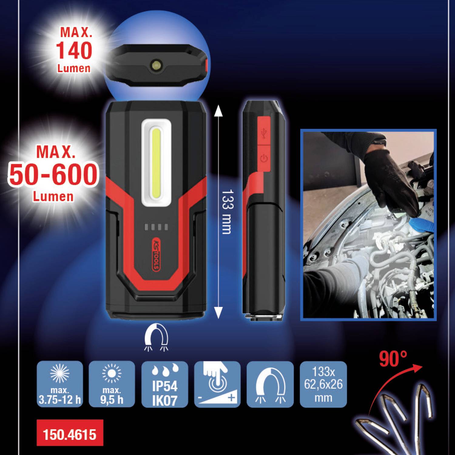 Lampada LED portatile, da 50 a 600 lumen. Gancio laterale con rotazione possibile a 90 gradi. Illustrata nell'ambito della riparazione di autoveicoli. IP54, 150.4615.