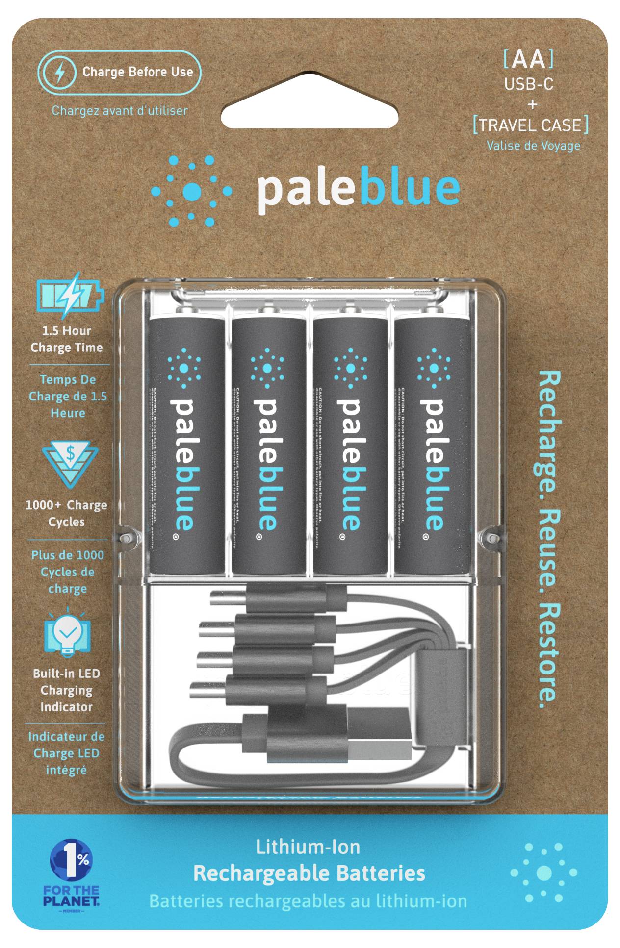 Quattro batterie ricaricabili agli ioni di litio di 'paleblue' in una confezione con porta USB-C, indicatore LED e tempo di ricarica di 1,5 ore.