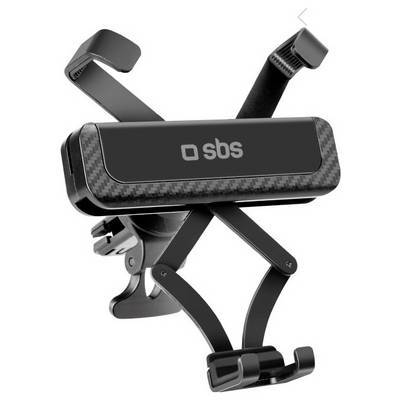 Supporto per smartphone da auto con clip e braccio regolabili, colore nero, logo del marchio 'sbs' visibile.