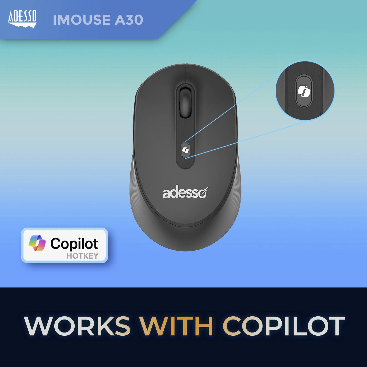 Adesso iMouse A30B Mouse Senza fili (radio) Ottico Nero - Grigio 4 Tasti 1200 dpi Tasti del mouse-5