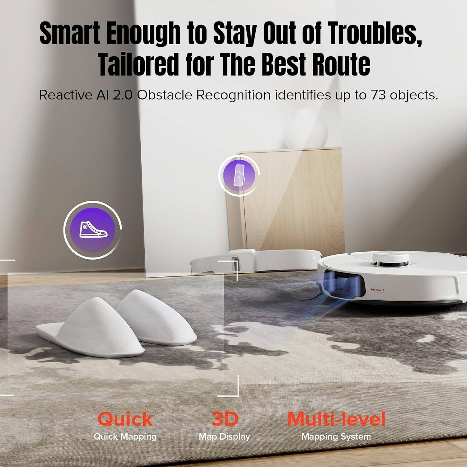 Un aspirapolvere robot bianco con rilevamento degli ostacoli naviga intorno agli oggetti. Il testo sottolinea la sua pianificazione del percorso adattiva.