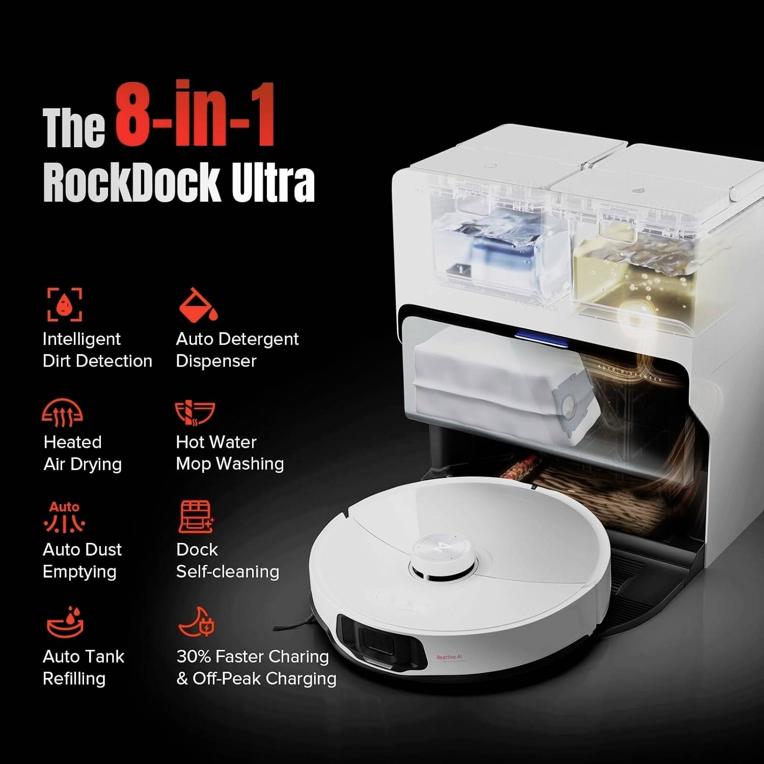 Un robot aspirapolvere bianco con stazione di ricarica, pubblicizzato come '8-in-1 RockDock Ultra'. Le funzioni includono il rilevamento intelligente dello sporco e lo svuotamento automatico.