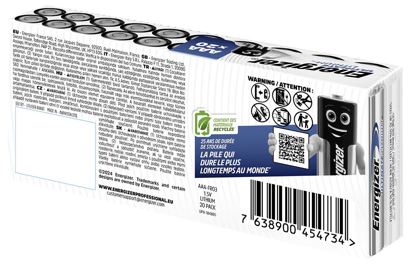 Confezione da 20 batterie AAA al litio Energizer. Stampato con la scritta "La Pila Che Dura Più a Lungo al Mondo".