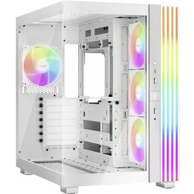 Case per PC con pannello laterale trasparente, cinque ventole RGB e strisce RGB verticali sul davanti.