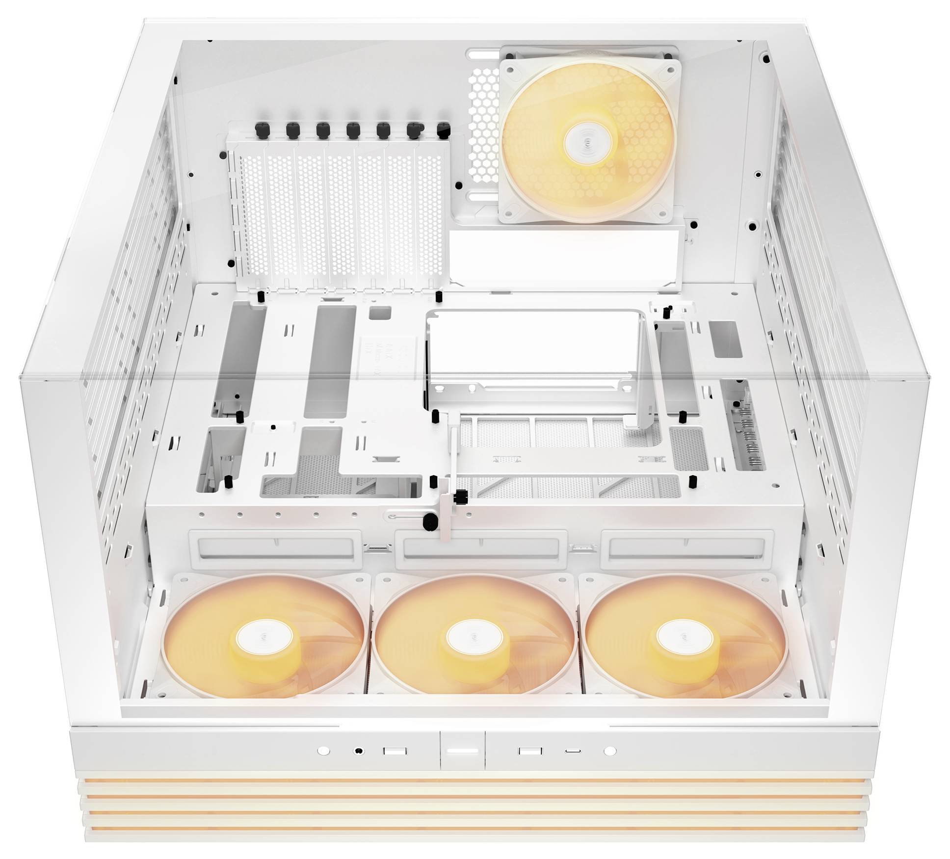 Un case per computer bianco con quattro ventole illuminate di arancione sul lato inferiore e una sulla parete posteriore. Adatto per assemblaggio PC.