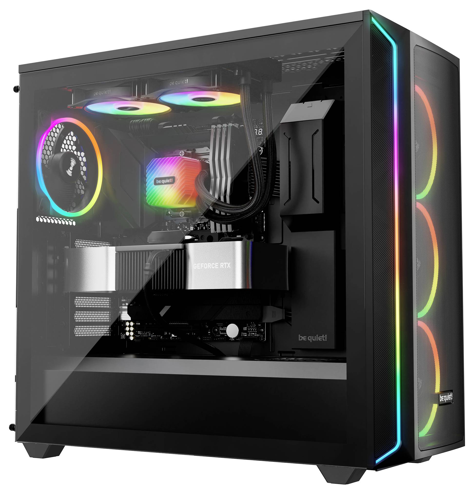 Un PC da gaming moderno con illuminazione RGB, con pannello laterale trasparente che mostra i componenti principali come scheda grafica e ventole.