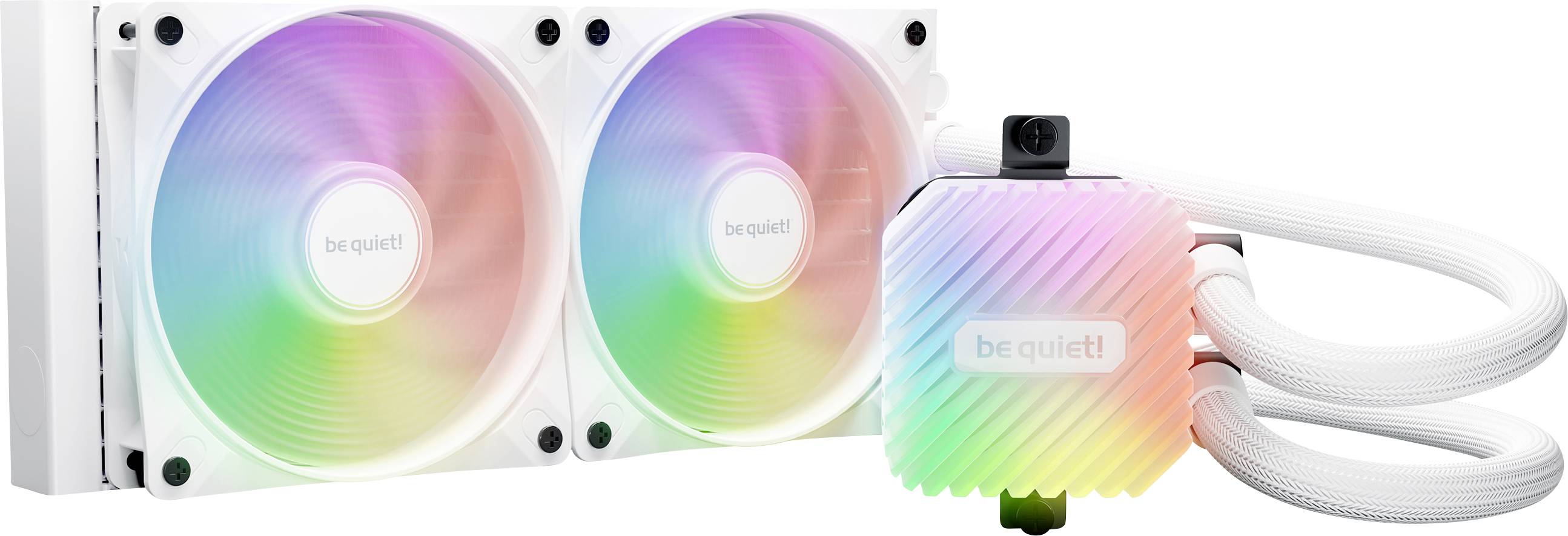Due ventole colorate e luminose e un dissipatore di calore con la scritta 'be quiet!' collegati tra loro da tubi bianchi.