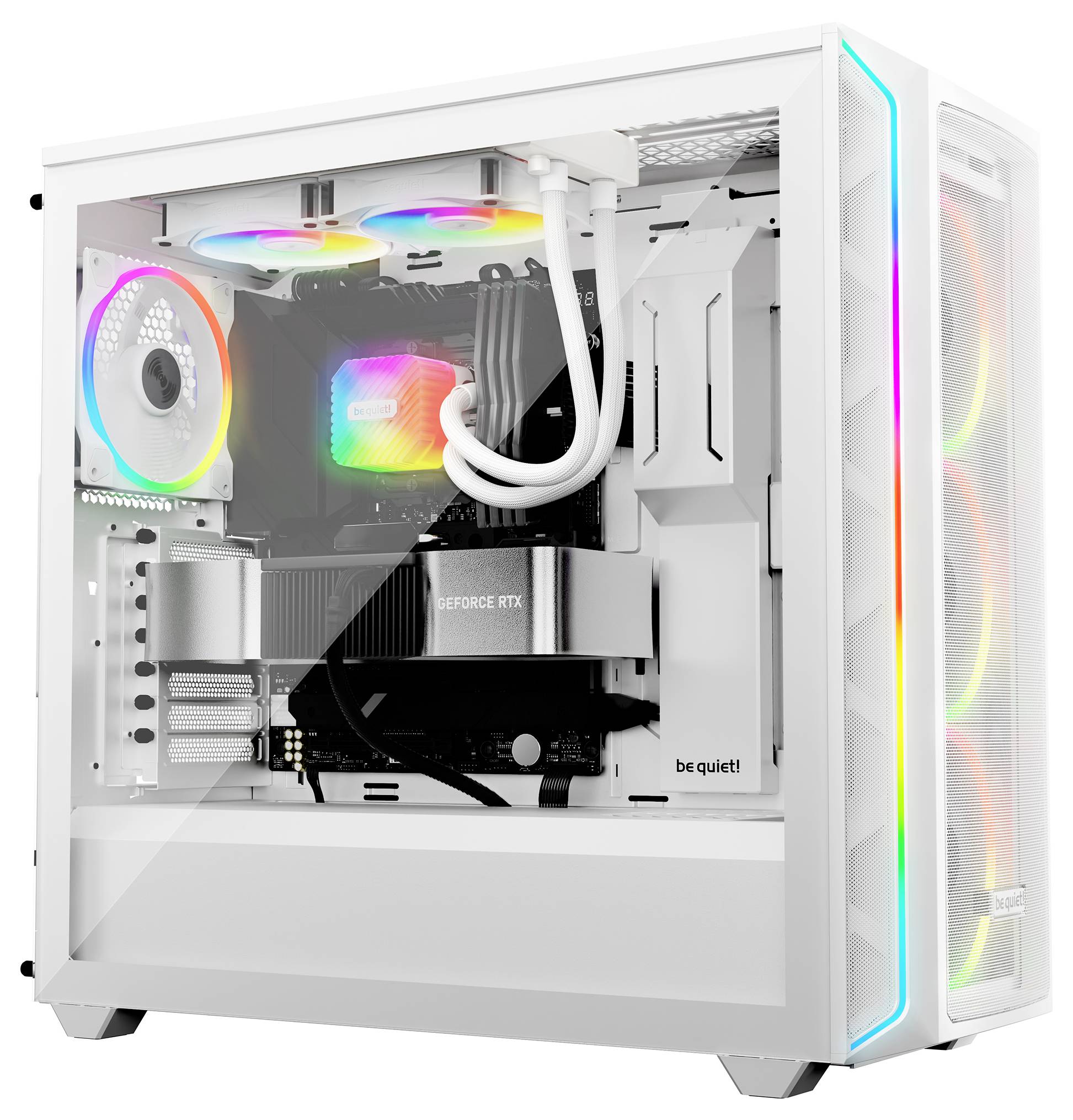 Un computer bianco con un involucro trasparente, che mostra un'illuminazione RGB colorata. Sono visibili ventole, scheda grafica e gestione dei cavi.