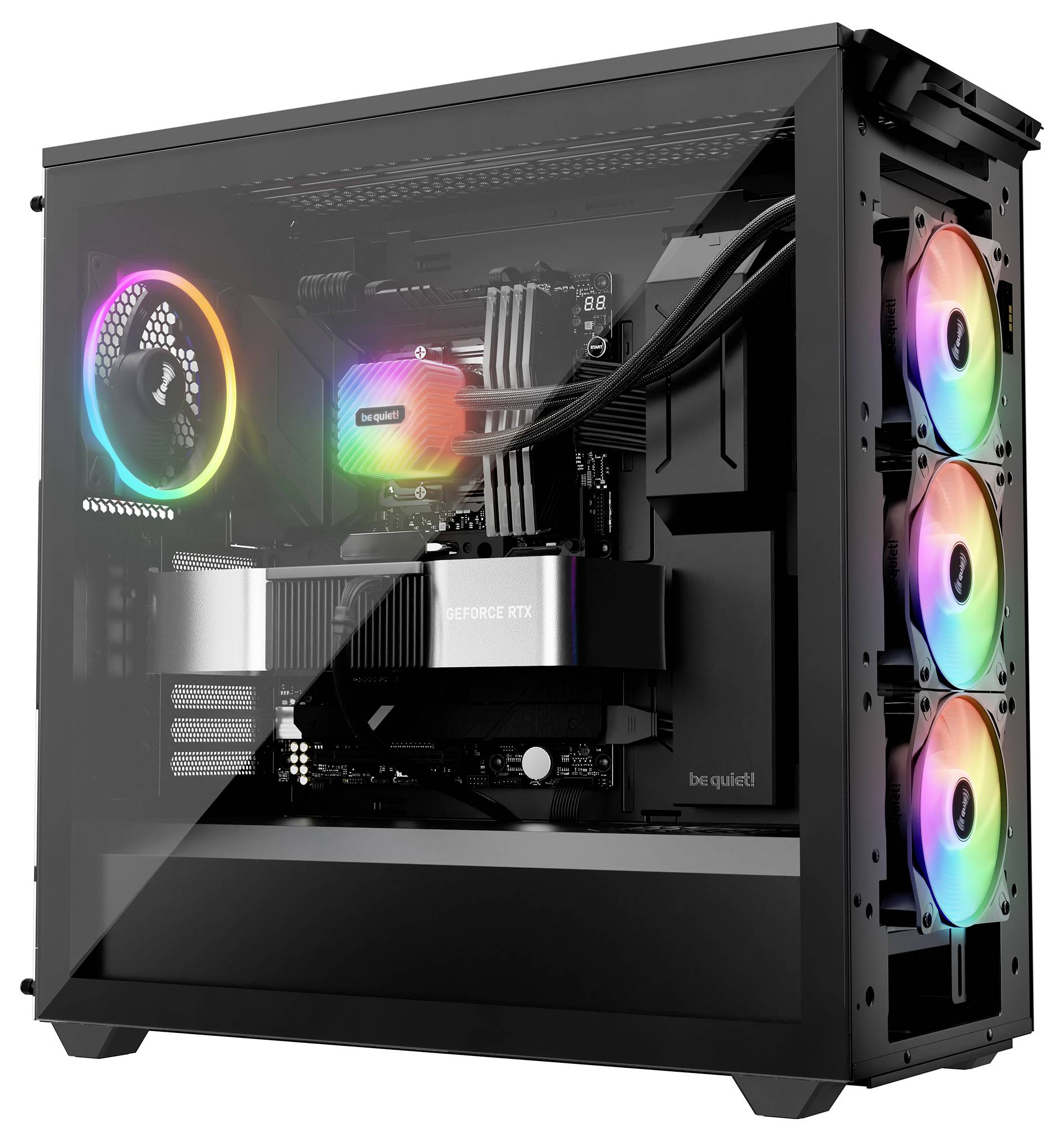 Case per PC nero con finestra laterale, mostra componenti con illuminazione RGB e scheda grafica raffreddata da ventole.