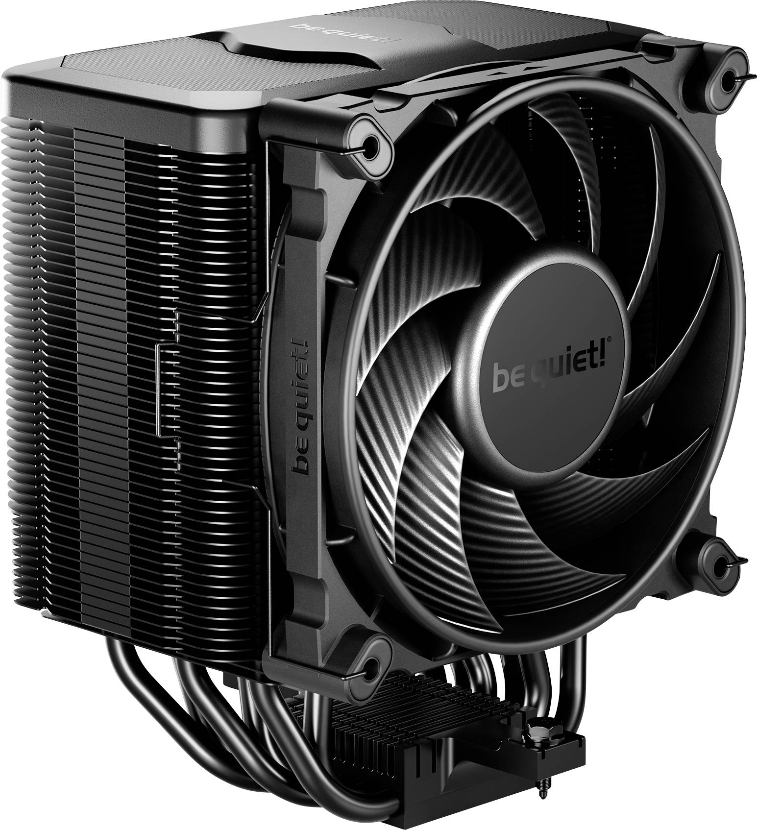 Un dissipatore di calore per CPU nero, ad alte prestazioni, con ventola, del marchio 'be quiet!', adatto per case di computer. Ideale per raffreddare processori PC.