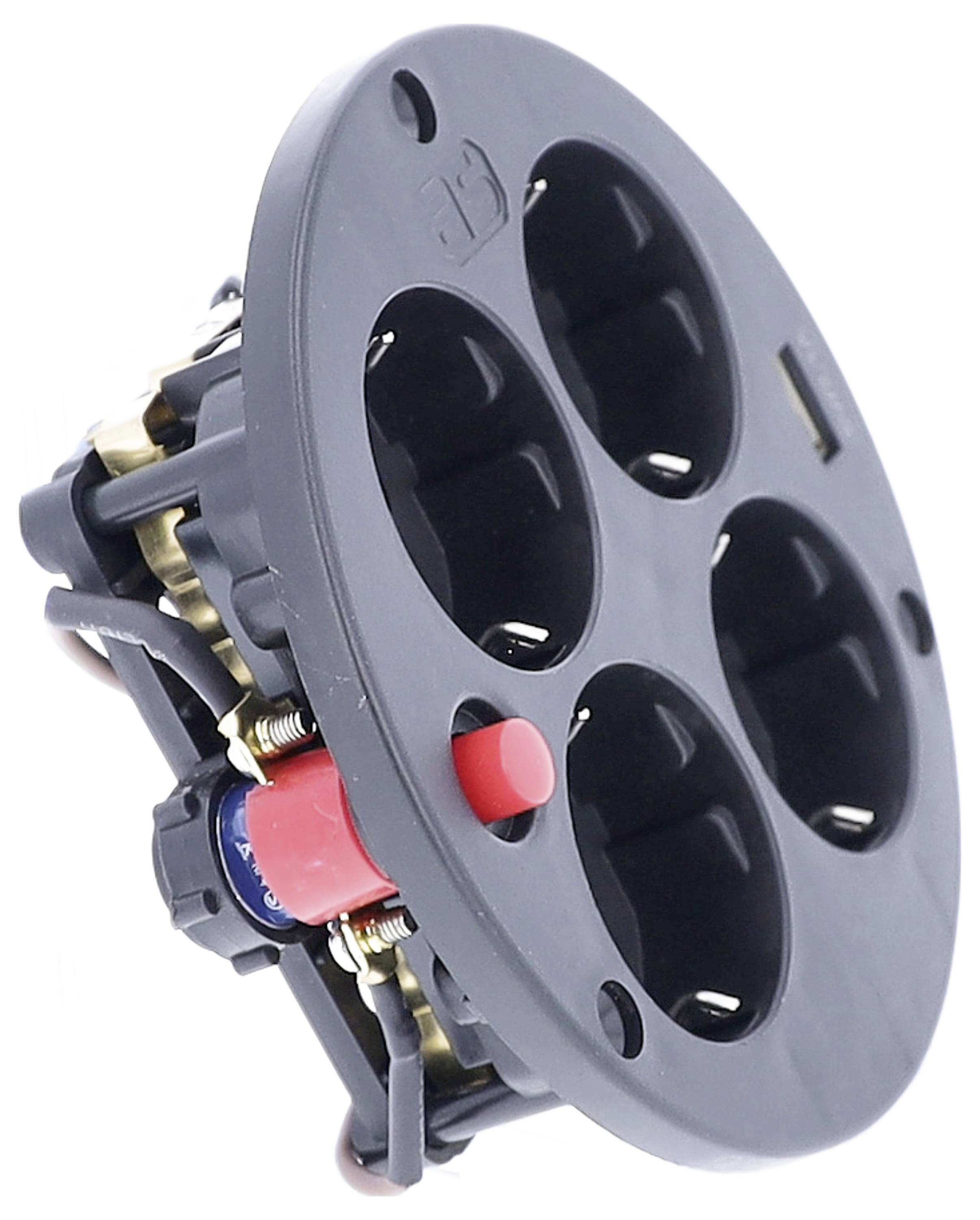 Componente elettrica nera, rotonda, con quattro slot e un interruttore rosso. Utilizzata in applicazioni elettroniche.