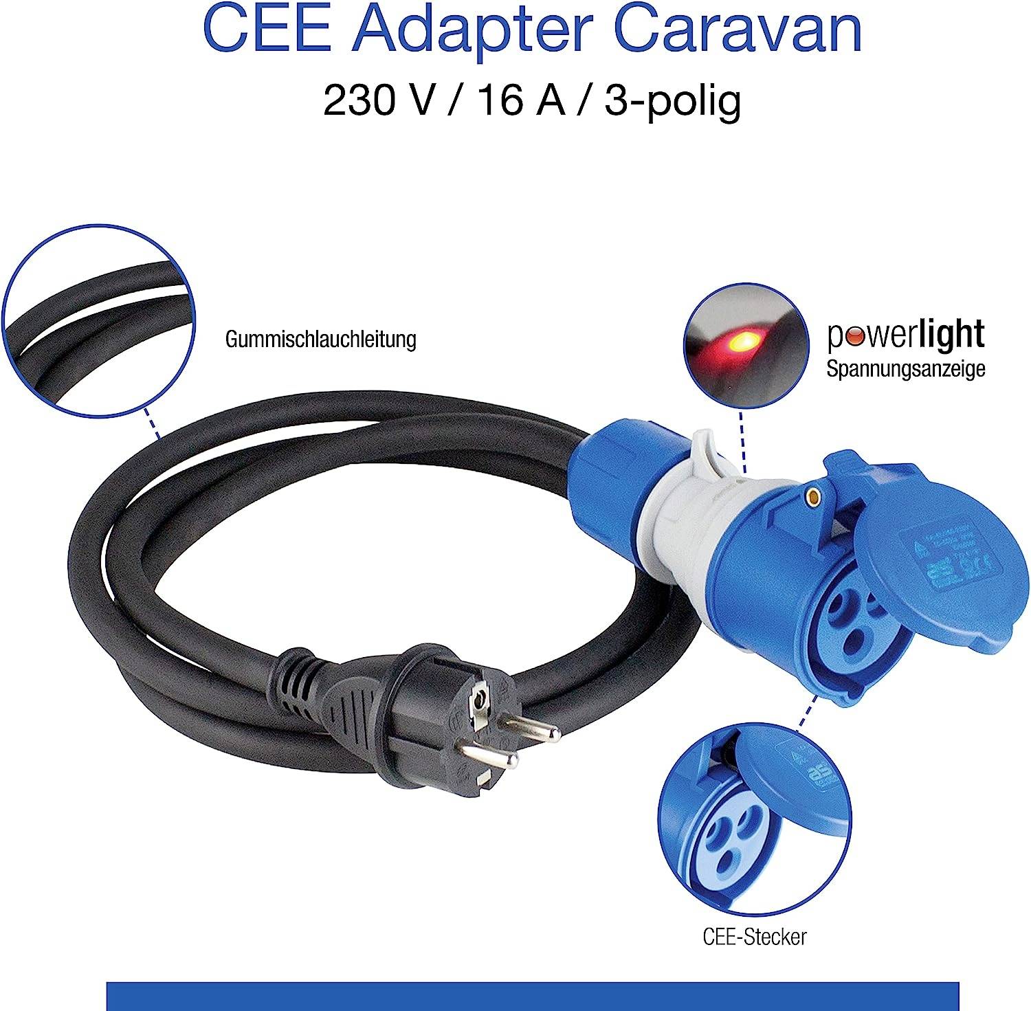 Adattatore CEE Caravan 230 V / 16 A / 3 poli con cavo di prolunga in gomma, spine e una lampada di tensione che indica.