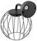 Una lampada a gabbia di colore nero, con base di montaggio rotonda, vista lateralmente, che mostra il suo design aperto e l'attacco per la lampadina.