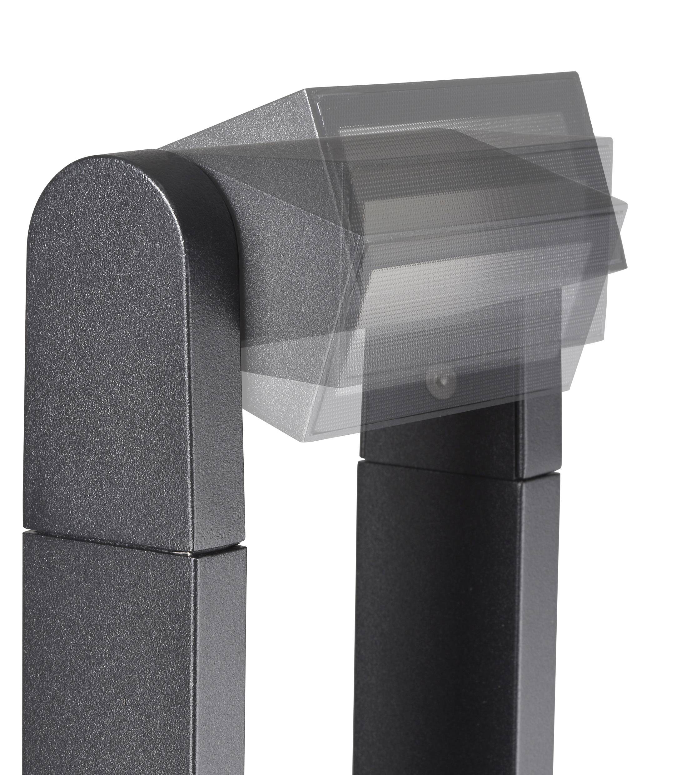 Una moderna lampada da esterno nera con testa regolabile su un palo alto, che presenta un design elegante e minimale, ideale per l'illuminazione di giardini o sentieri.