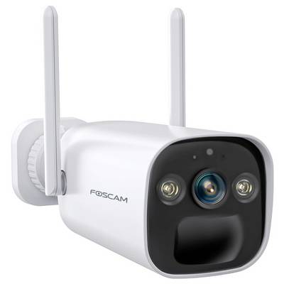 Una telecamera di sorveglianza Foscam con due antenne e un display frontale nero. È progettata per scopi di sicurezza.