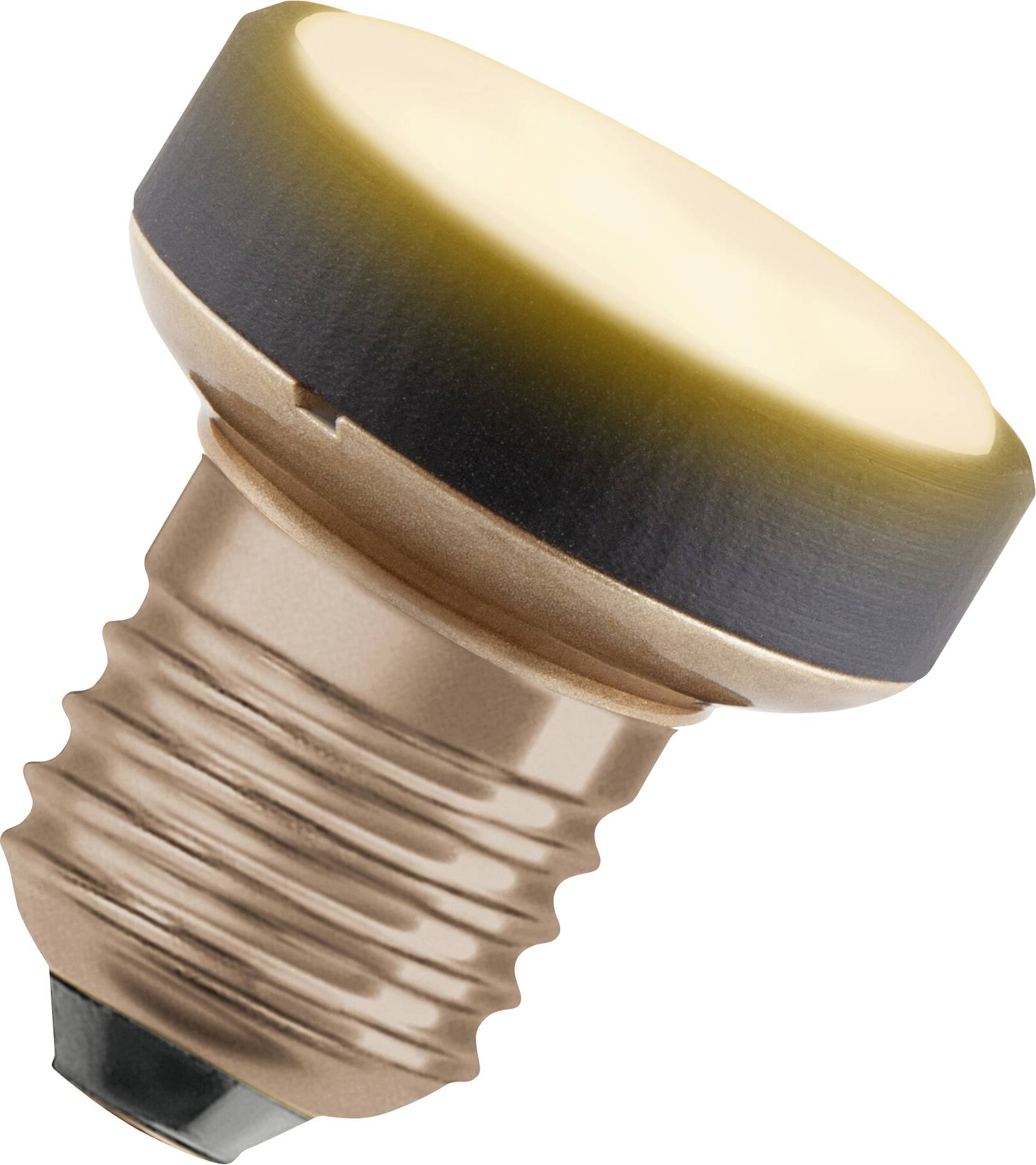 Una lampadina LED rotonda con attacco E27, involucro color oro. Utilizzabile in lampade con attacco a vite standard.