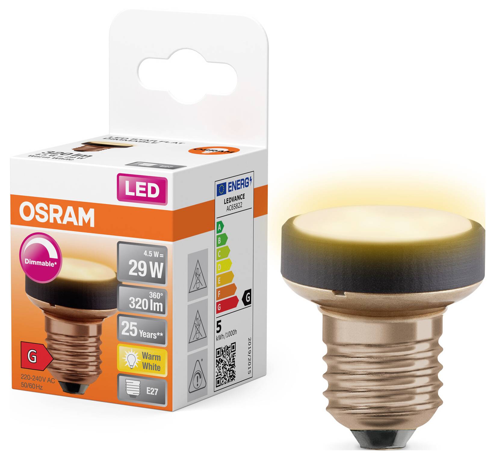 Lampadina LED OSRAM accanto alla confezione. Dettagli: Dimmerabile 4,5 W, 320 lm, Classe di efficienza energetica G, luce bianco caldo, durata 25 anni.