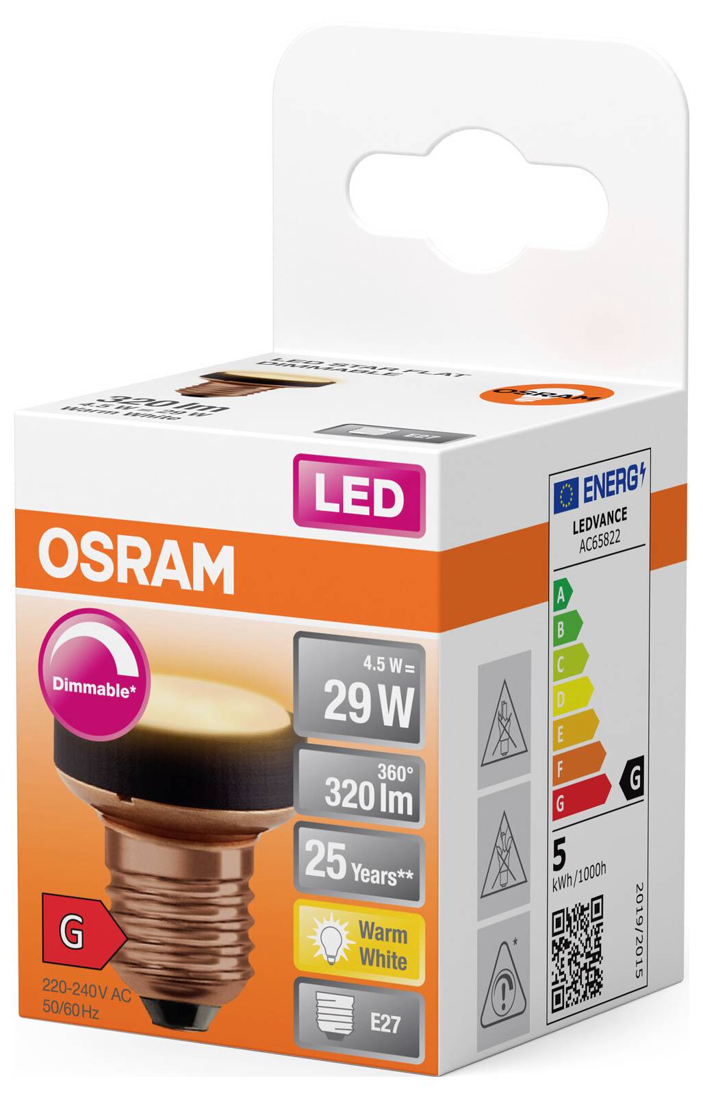 Una confezione di lampadina LED Osram da 4,5 W, 320 lm, angolo di emissione di 360° e classe di efficienza energetica G. Durata: 25 anni, luce bianco caldo.