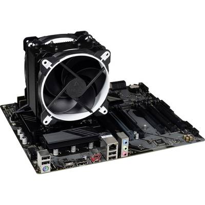 Una scheda madre per computer con un grande dissipatore di calore per la CPU, diversi porte e slot di espansione.