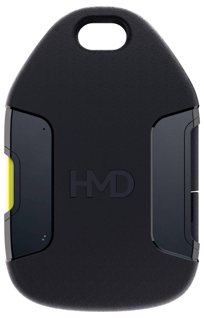 Dispositivo nero a forma di ellisse con il logo 'HMD' al centro, contornato da lati lucenti con accenti gialli.