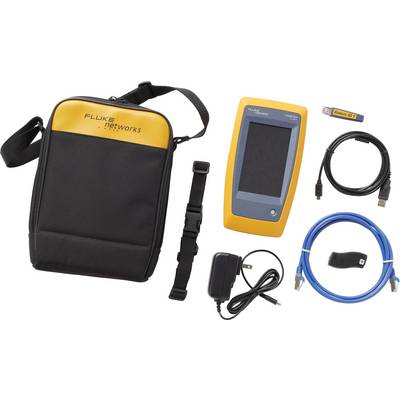 Un set tester di rete con borsa, dispositivo principale, alimentatore e diversi cavi di connessione per la diagnosi degli errori nelle reti.