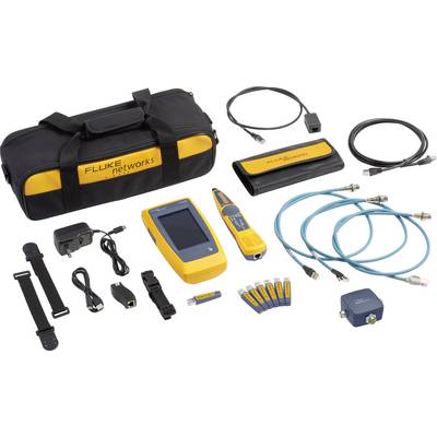 Kit di certificazione cavi Fluke Networks, comprensivo di borsa, cavi, connettori, un'unità principale e componenti accessori per diagrammi di rete e test.