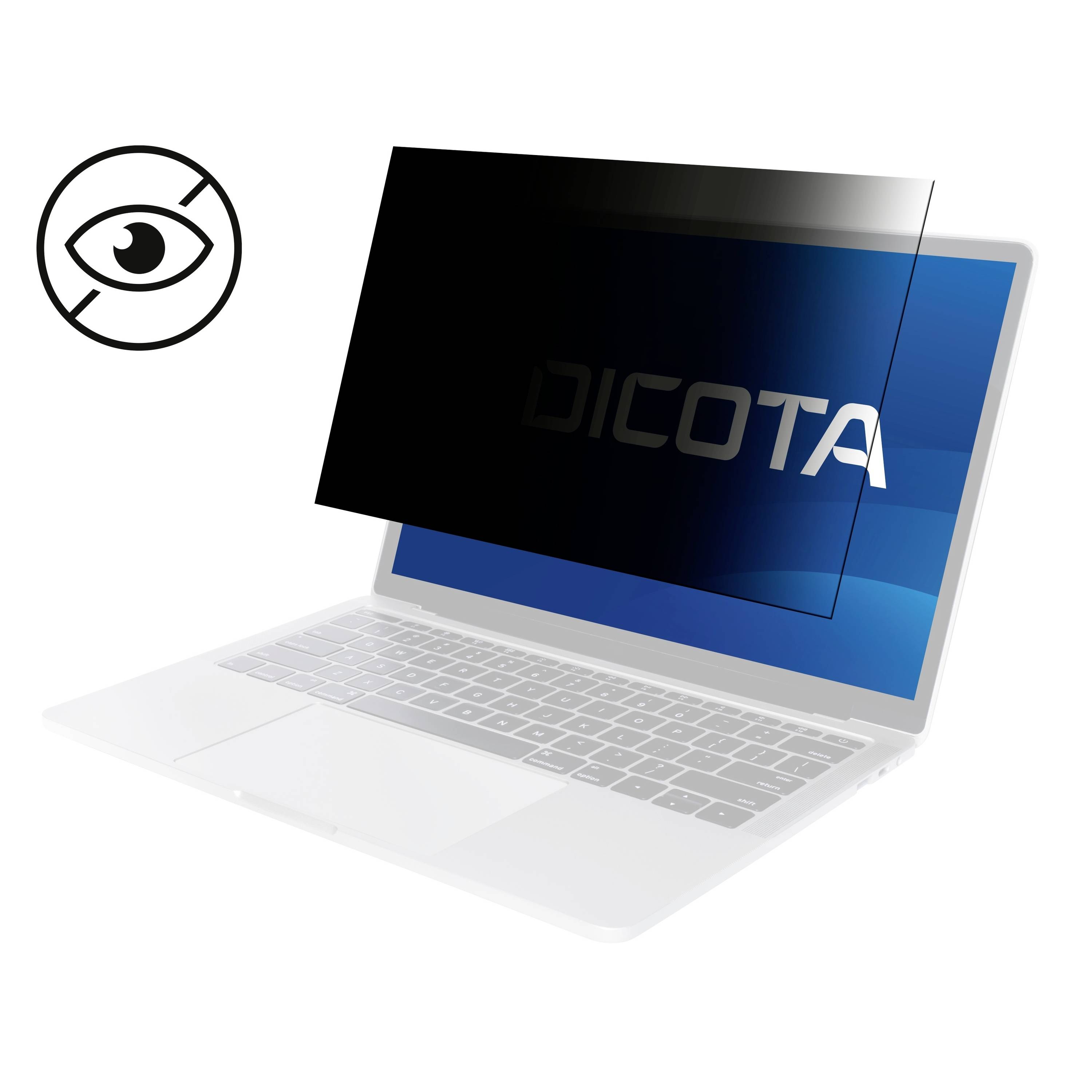 Un laptop con filtro per la privacy che protegge lo schermo da sguardi laterali. Il simbolo di un occhio barrato è visibile.