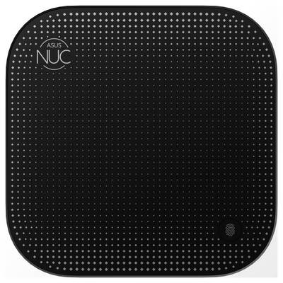 Un dispositivo ASUS NUC quadrato in nero con un fine motivo a punti sulla superficie, logo del marchio in alto a sinistra.