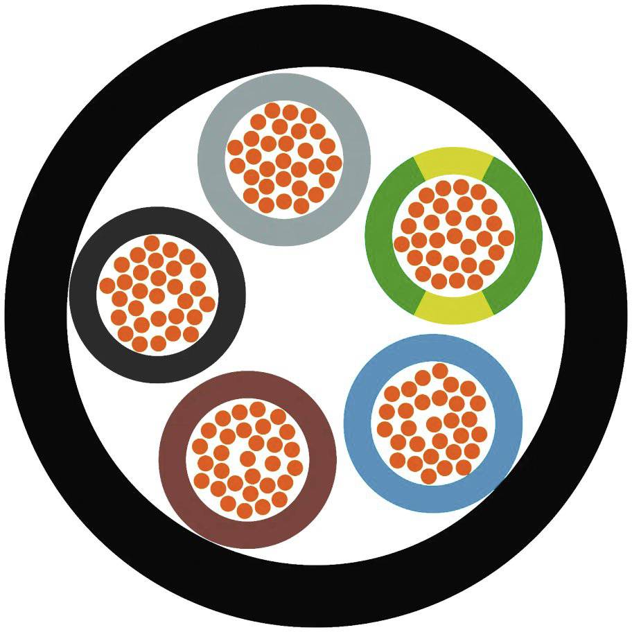 Un diagramma mostra la sezione trasversale di un cavo con cinque conduttori di colori diversi, pieni di punti rossi che rappresentano i fili di rame.