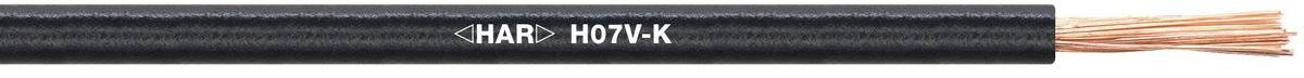 Un cavo elettrico nero con estremità del filo color rame, su cui è riportata la scritta 'H07V-K'.