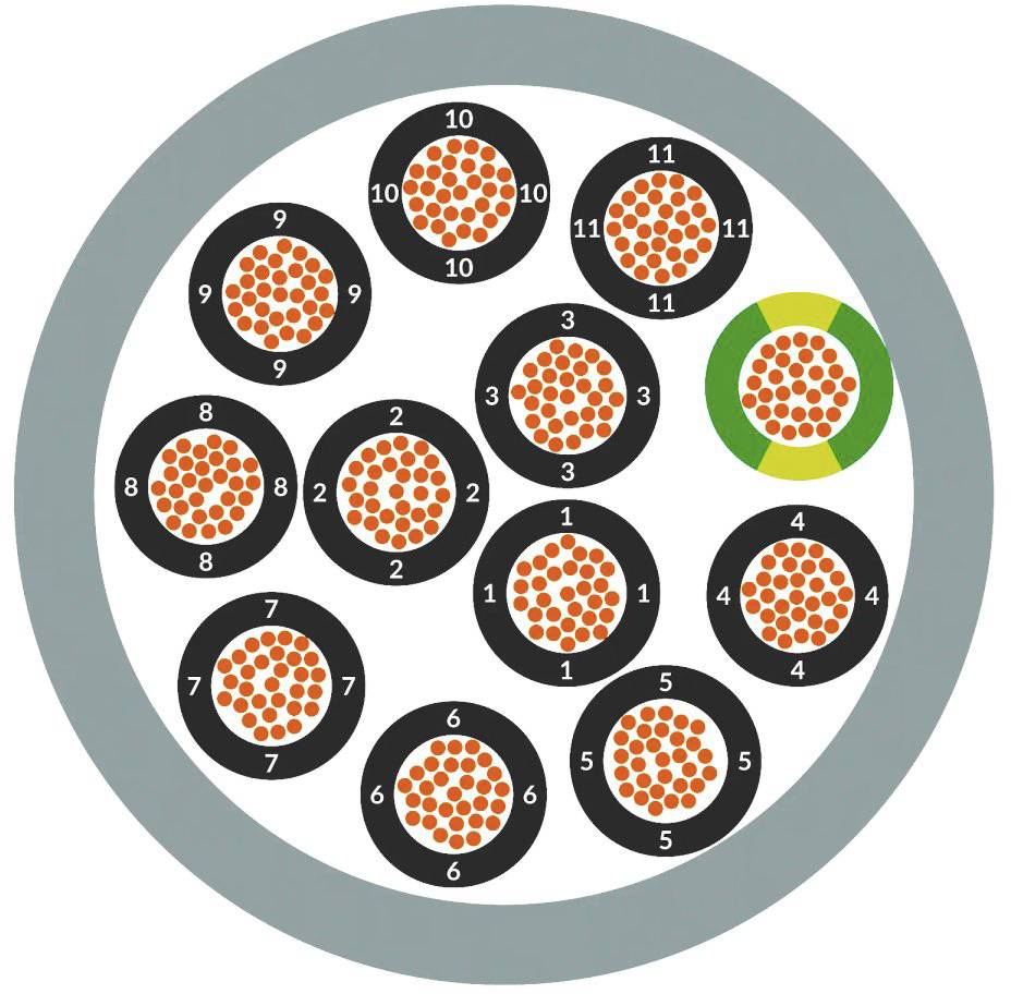 Un grafico mostra dodici cavi numerati che si estendono attraverso un cerchio grigio esterno. Uno di essi è evidenziato in verde.