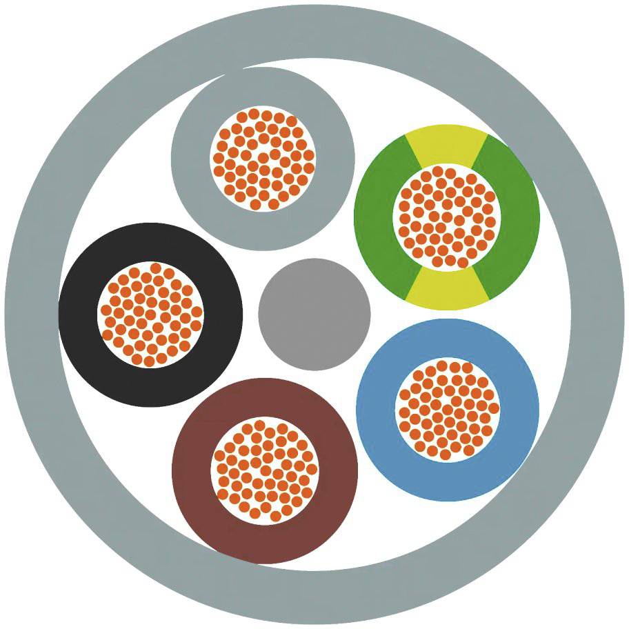 Sezione trasversale di un cavo multiconduttore con cinque conduttori codificati a colori all'interno di una guaina circolare grigia.