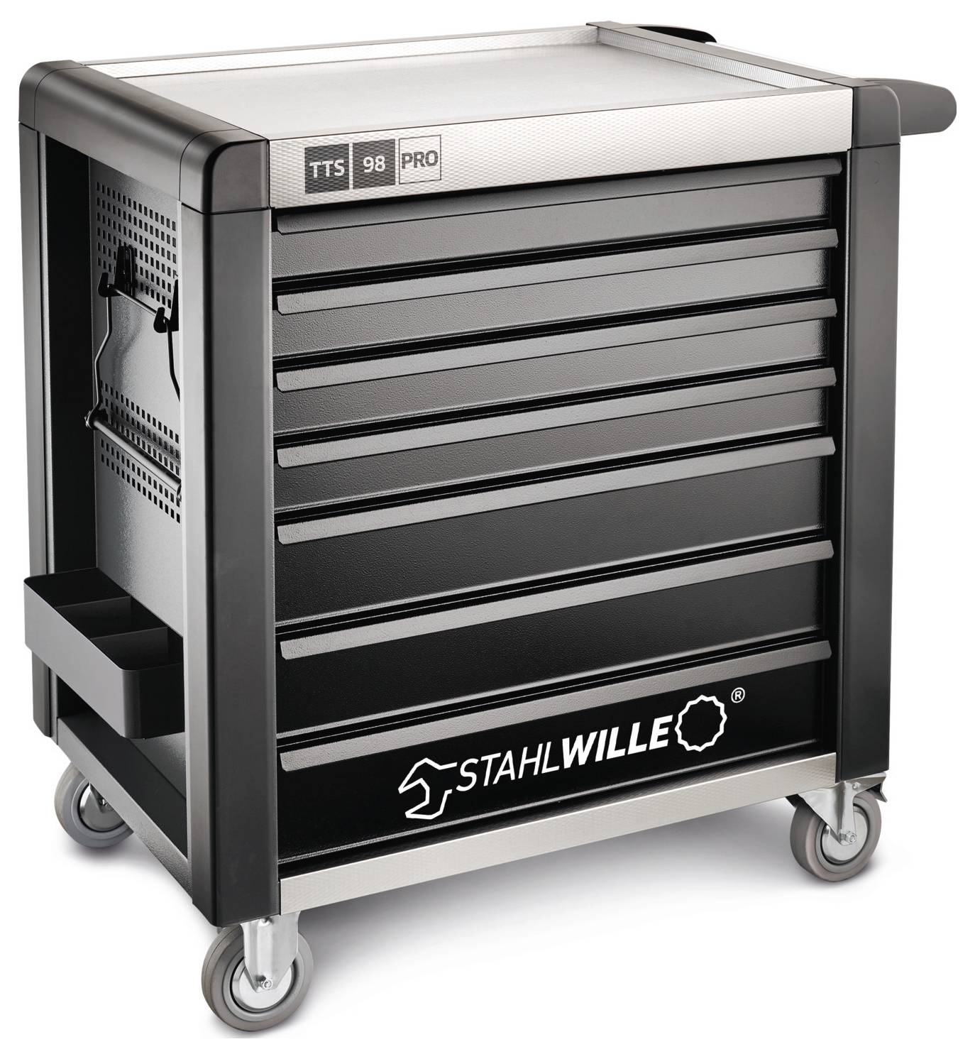 Carrello da officina con sette cassetti e ruote, idoneo per la conservazione e l'organizzazione degli utensili, con logo 'STAHLWILLE'.