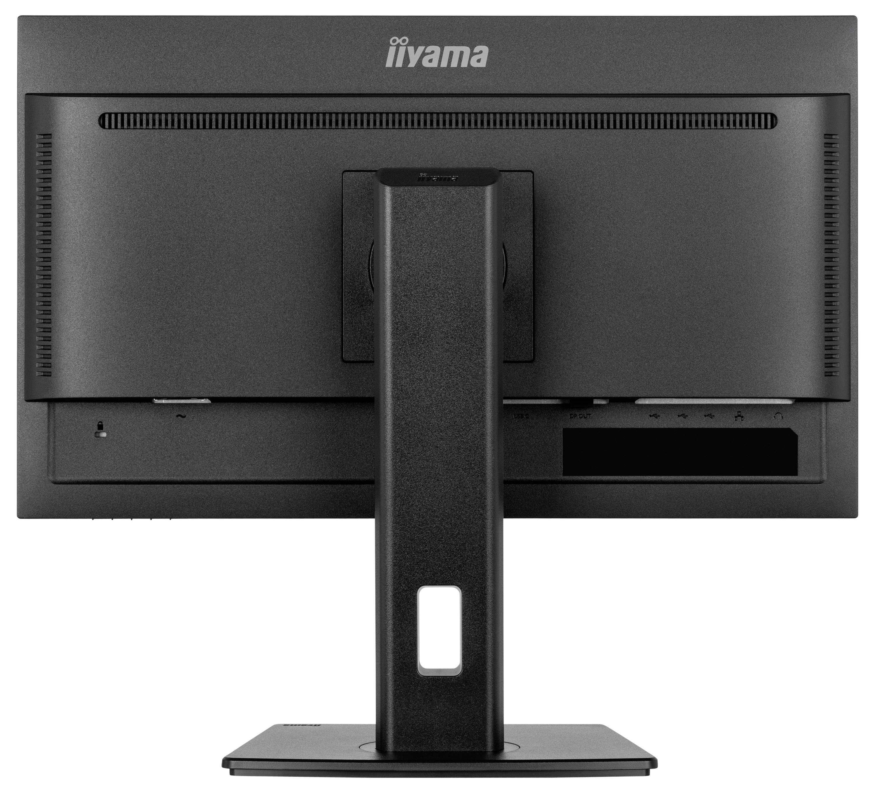Vista posteriore di un monitor nero su un piedistallo, con punti di fissaggio e connessioni visibili.