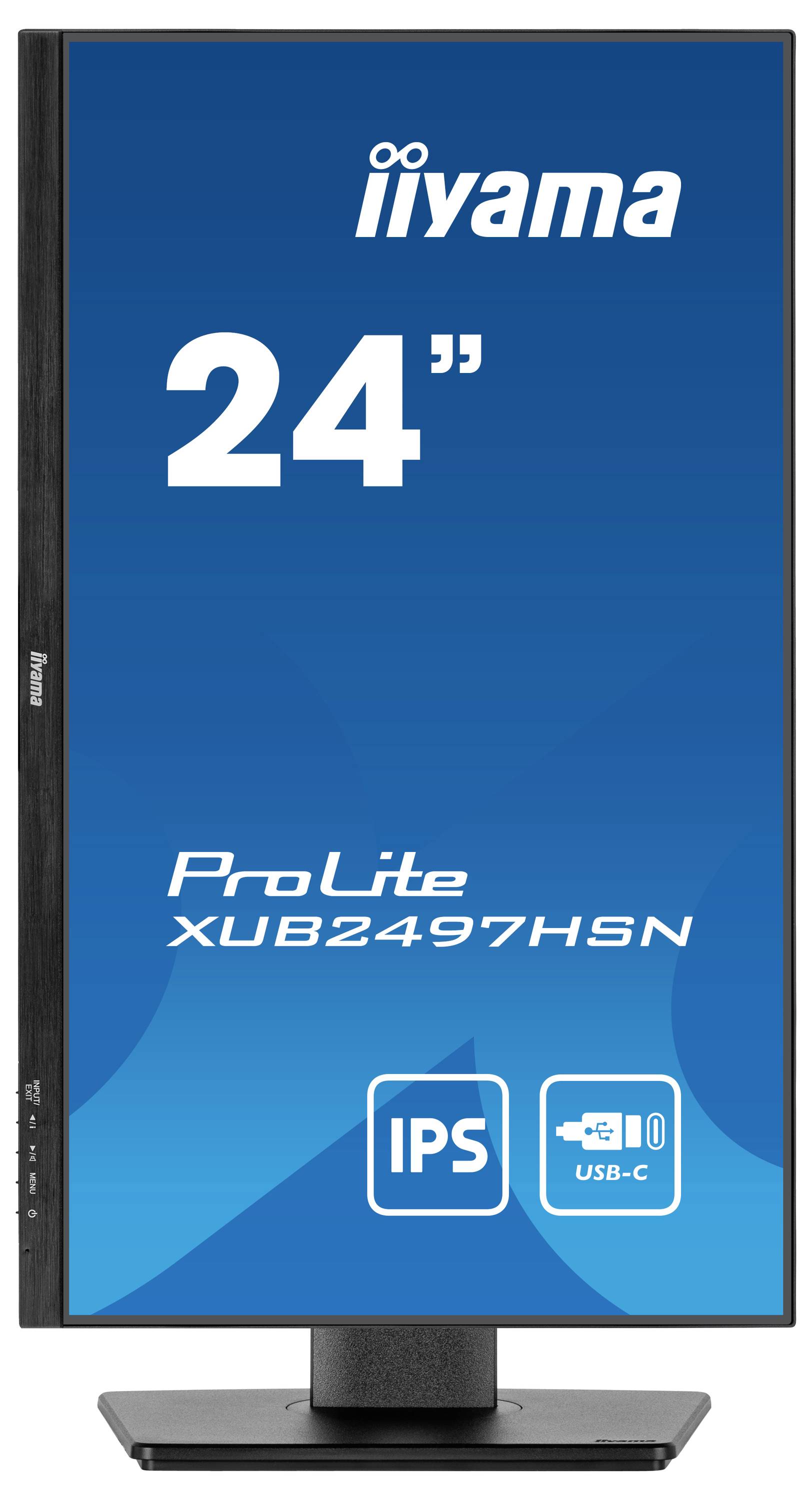 Monitor Iiyama ProLite XUB2497HSN, 24 pollici, display di sfondo blu con icone IPS e USB-C.