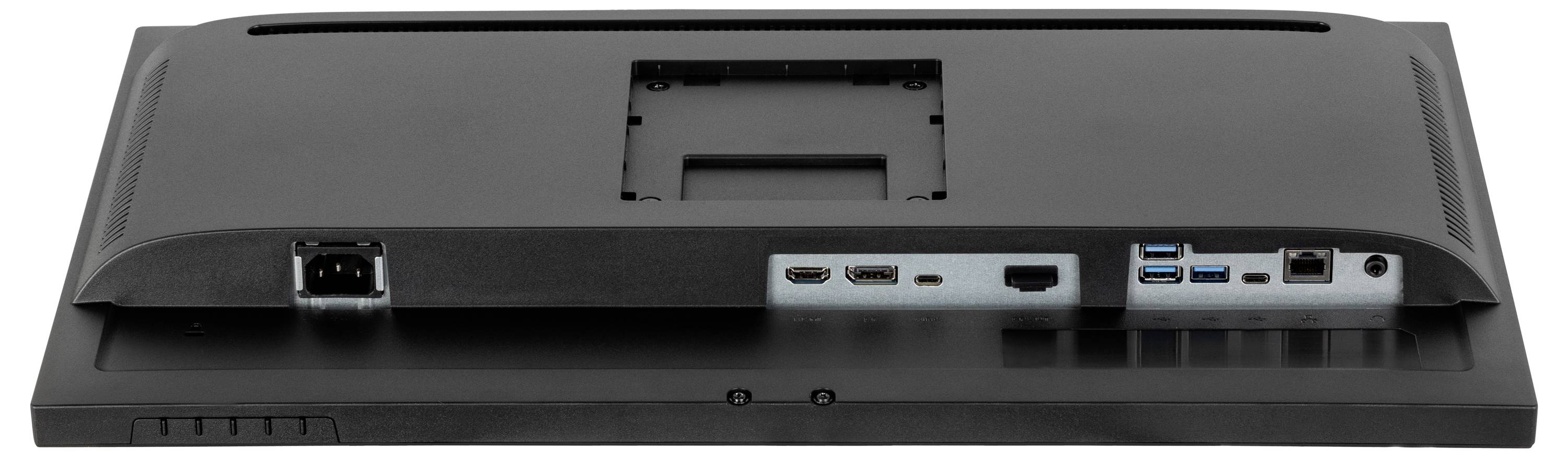 Retro di un monitor con vari porte: connessione di alimentazione, HDMI, DisplayPort e porte USB.