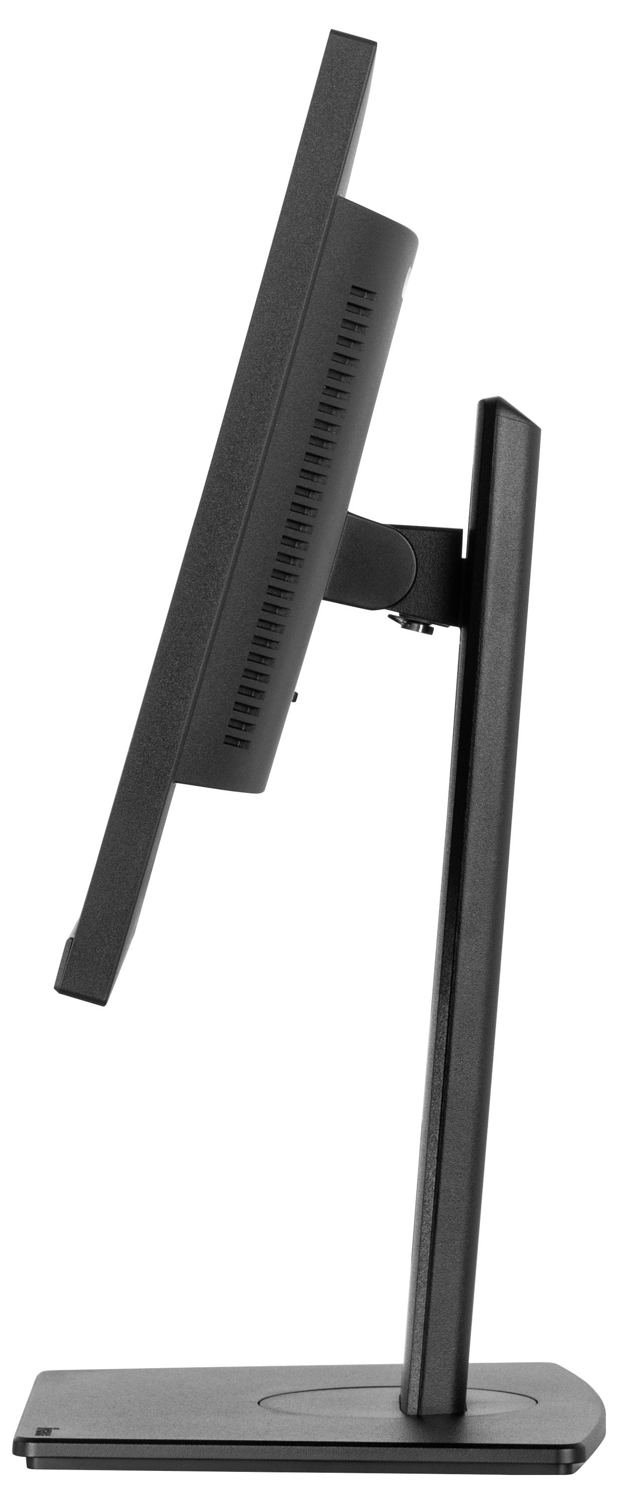 Un monitor è dritto su un supporto scuro. È raffigurato di lato e ha un design sottile.
