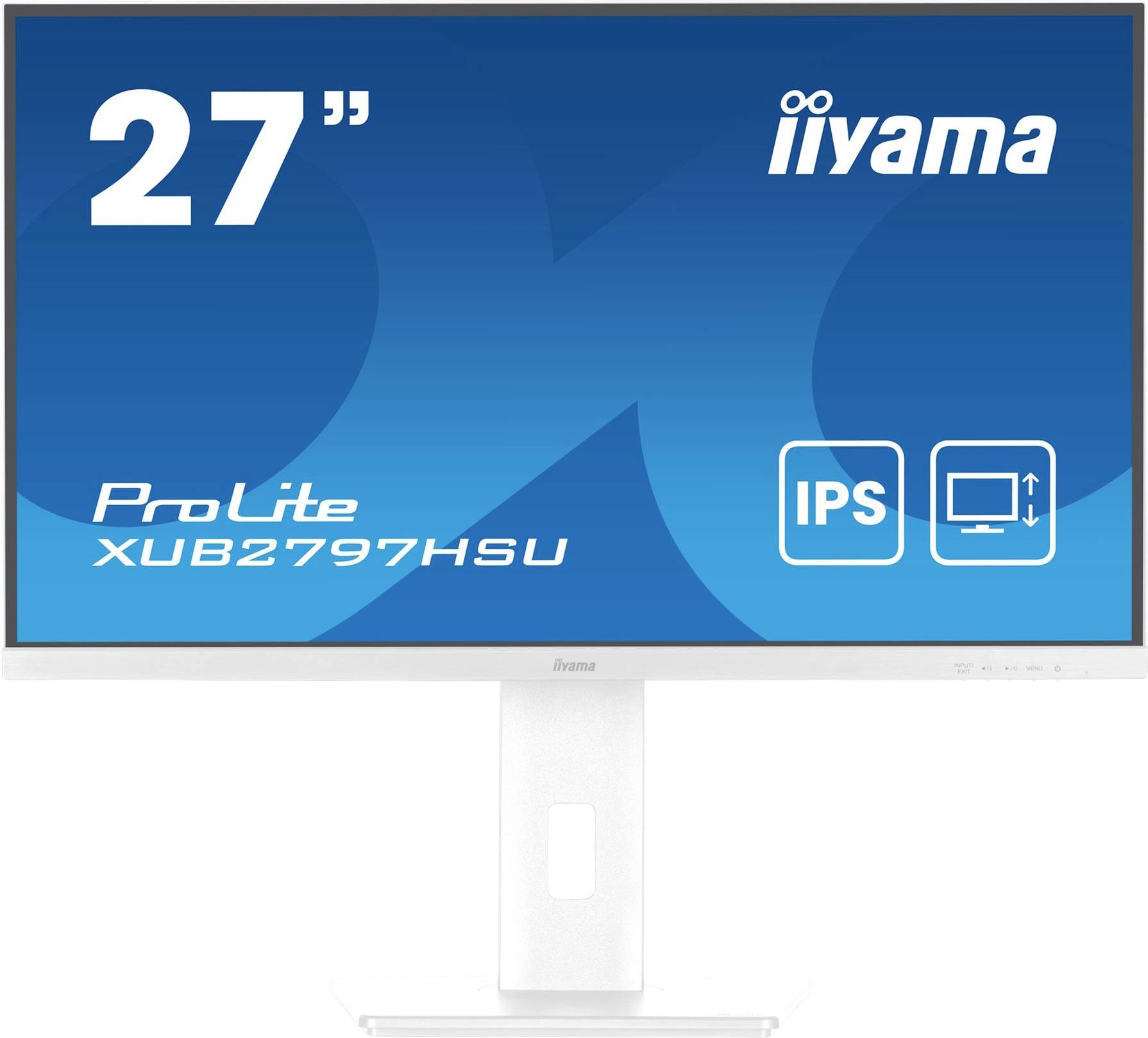 Monitor iiyama da 27 pollici, modello ProLite XUB2797HSU. Caratteristiche: pannello IPS, base ergonomica, grafica di sfondo blu.