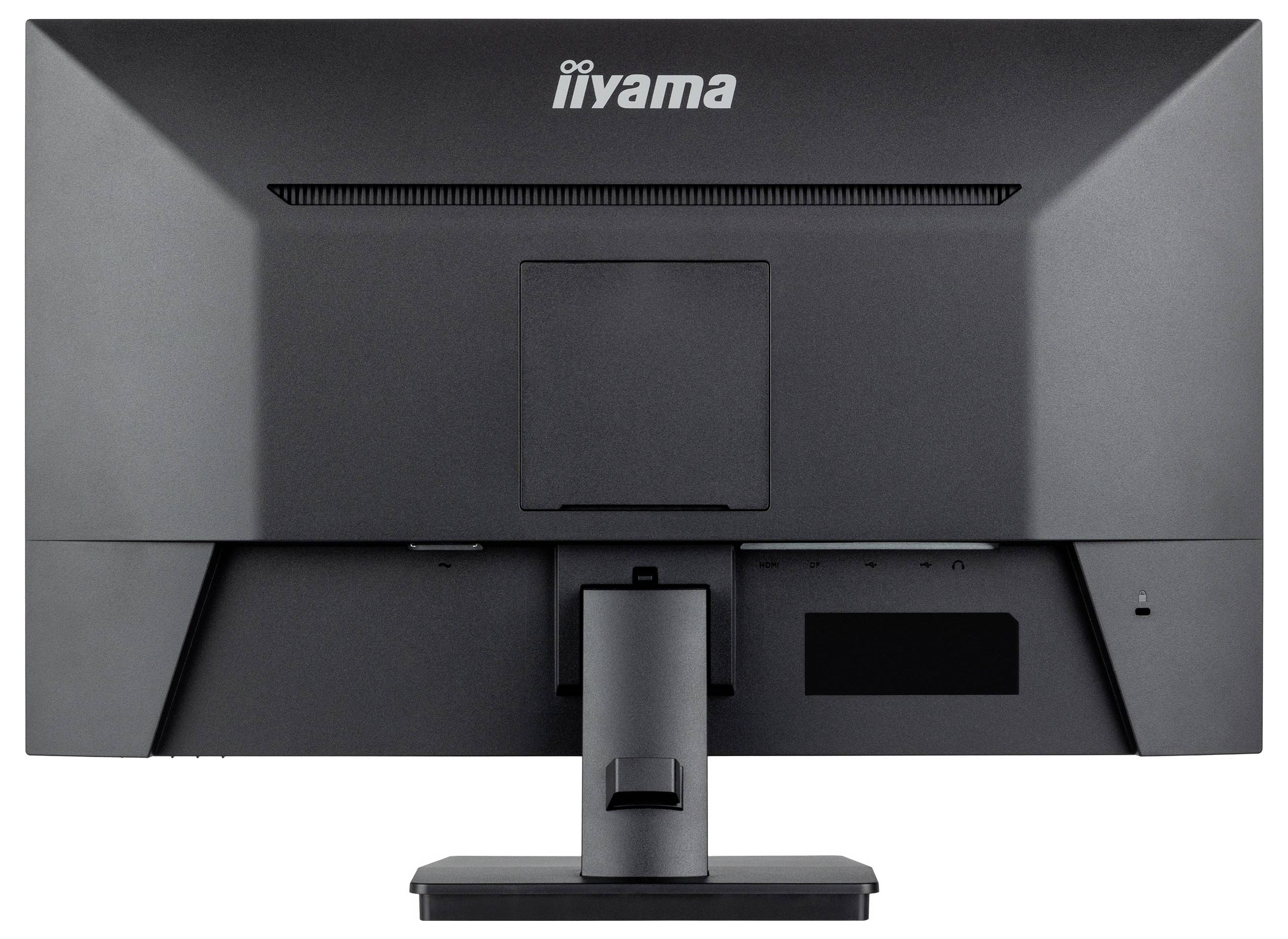 Un monitor nero a schermo piatto visto da dietro, con un supporto stabile. In alto è visibile il logo del produttore.