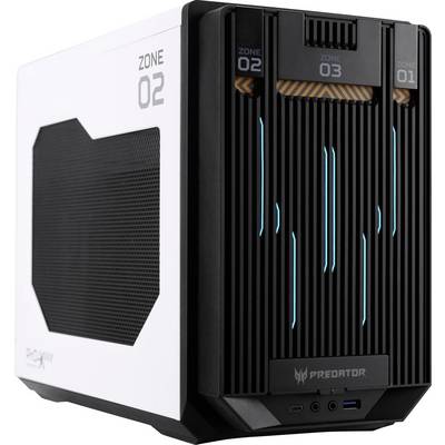 Case per PC da gaming in bianco e nero con effetto luminoso blu. Tre zone identificate sul frontale. Logo del marchio in basso.